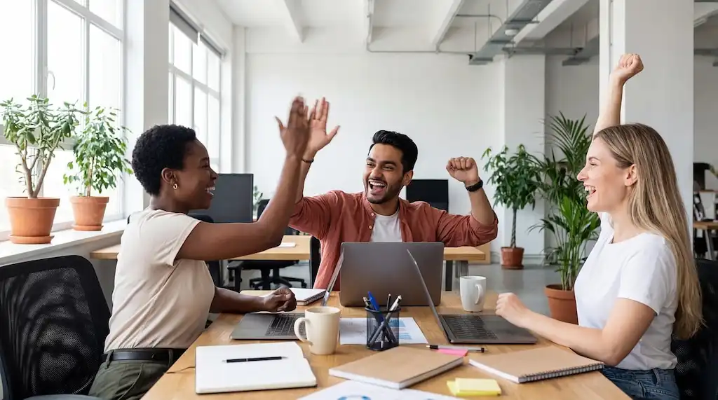 Collega’s vieren samen het succesvolle resultaat van een bedrijfsproject.