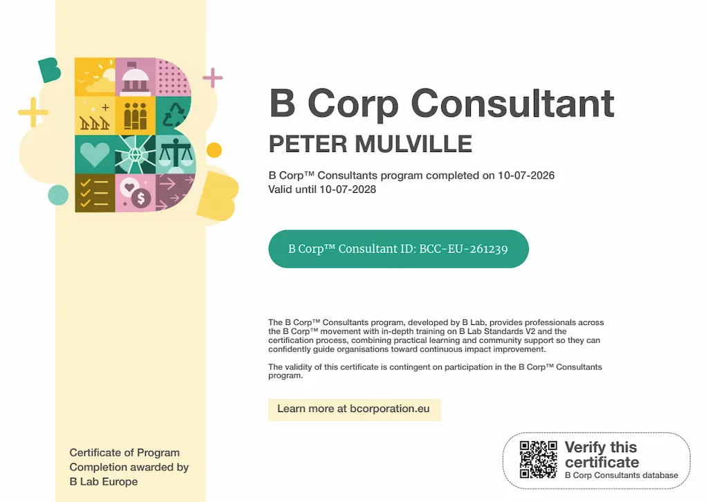 Peter Mulville's B Corp Consultant Certificate of Program Completion