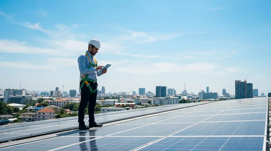 Engineer using a tablet while inspecting rooftop solar panels to support sustainability and positive environmental impact.