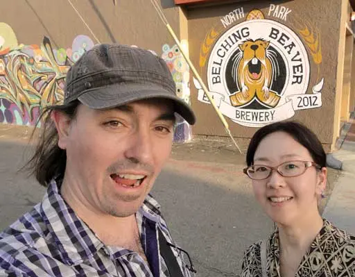 Beer and beverage industry consultants Peter and Saki of Kaeru Beer outside Belching Beaver in San Diego